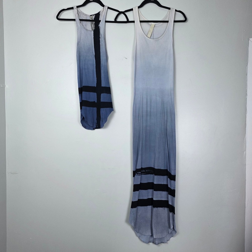 Gilda Midani Blue Watercolor Ombre Ribbed Cotton Maxi Dress & Tank Top Set M